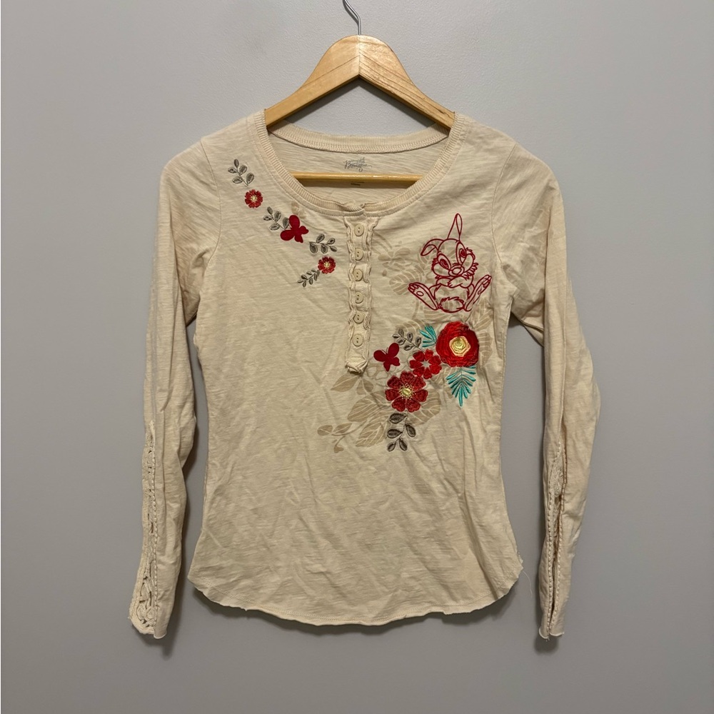 Disney Boutique Bambi Embroidered Cream Crotchet Fairycore Sleeve Top